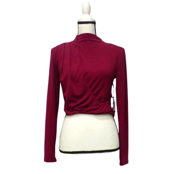 ASTR Asymmetrical Pleated Cutout Mock Neck Sweater Top, Berry, Sz. S - Picture 3 of 11